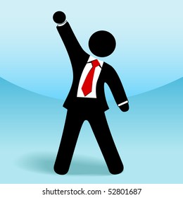 A Business Man Stick Figure Raises His Arm Fist Up In Gesture Of Success.