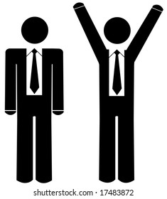 business man - stick figures one with arms up celebrating wearing business ties