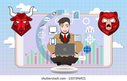 Business man and stock market Concept ,Vector artwork depicts financial success,Smart investor is presenting the mobile investment application,Bull and bear shapes that look like for website and Topic