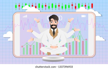 Business man and stock market Concept ,Vector artwork depicts financial success,Smart investor is presenting the mobile investment application,Bull and bear shapes that look like for website and Topic