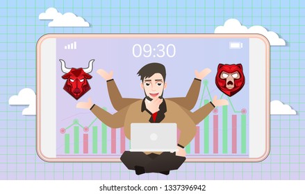 Business man and stock market Concept ,Vector artwork depicts financial success,Smart investor is presenting the mobile investment application,Bull and bear shapes that look like for website and Topic