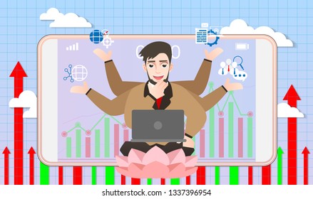 Business man and stock market Concept ,Vector artwork depicts financial success,Smart investor is presenting the mobile investment application,Bull and bear shapes that look like for website and Topic