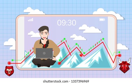 Business man and stock market Concept ,Vector artwork depicts financial success,Smart investor is presenting the mobile investment application,Bull and bear shapes that look like for website and Topic