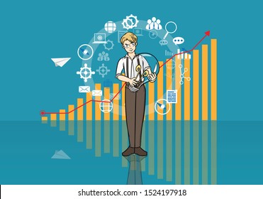 business man and stock market growth graph with rocket paper in strategy concept design , leader and magic stick to Successful on blue background and glass floor vector illustration.