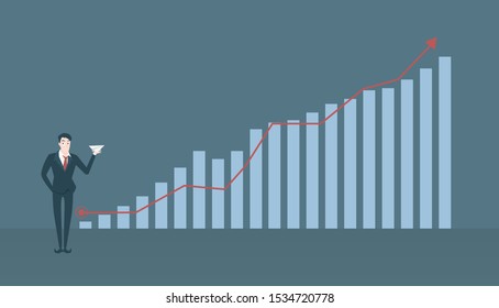 business man and stock market growth graph with rocket paper in strategy concept , leader and rocket paper to Successful on blue background and cartoon flat vector illustration design .