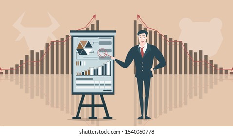 business man and stock market growth graph with diagram in strategy concept , leader and diagram  graph to Successful on brown background and cartoon flat vector illustration design .