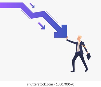 Business Man Stopping Falling Down Arrow Graph. Crisis Management, Business Protection, Loss Prevention Concept, Presentation Slide Template. Can Be Used For Topics Like Business, Finance, Banking