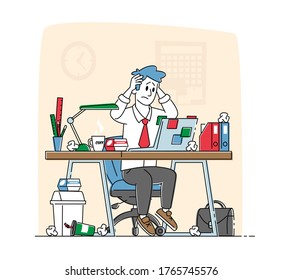 Business Man Stress and Frustration Concept. Tired Stressed Worker Sit at Office Desk with Laptop Holding Head with Hands Tearing Hair Tired of Work and Exhausted. Linear Character Vector Illustration