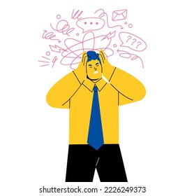 Business man in stress. Obsessive compulsive, anxiety disorder concept. Flat vector illustration isolated on white background
