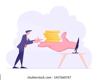 Business Man Stretch Hands to Huge Palm with Pile of Coins at Pc Monitor. Earning in Internet, Online Income, Gambling, Businessman Making Money Online, E-commerce. Cartoon Flat Vector Illustration