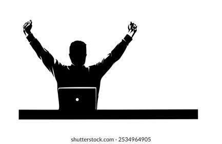 Hombre de negocios se estira mientras trabaja en la oficina. Dolor de espalda. Silueta aislada del Vector, dibujo de la tinta
