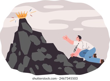 Business man strives to climb mountain with golden crown, trying to show leadership qualities in path. Guy sets challenging goals to gain opportunities for growth and achieve leadership positions