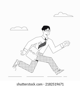 A business man, a student in glasses with a briefcase runs quickly, waving his tie. Late business man, a student rush to be on time. Flat style. Stock vector illustration of a late businessman.
