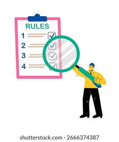 Hombre de negocios estudiando una lista de reglas. Concepto de reglamentación. Ilustración vectorial plana aislada sobre fondo blanco
