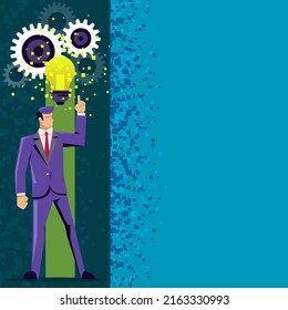 Business man in a stylish trendy suit suddenly came up with a creative idea. Lightbulb with gears over a young man. Flat illustration. Horizontal layout with a text space in a left.