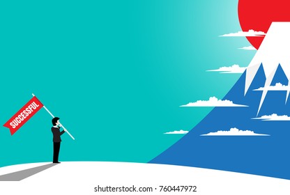 Business man with success flag, Standing look at top of mountain. Concept business illustration flat