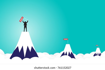 Business man with success flag, Standing on top of mountain. Concept business illustration flat