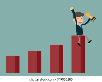 business man success sitting on growth graph with trophy. cartoon character vector illustration.