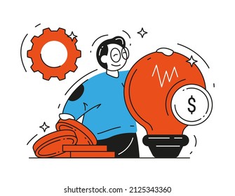 Business Man Successful Money Making Innovation Idea Vector Flat Illustration. Intellectual Capital, Company Human Resources. Smart Male With Intellect Knowledge Have Financial Efficiency Result