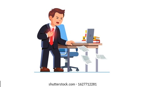 Business man suffering sudden heart attack at workplace holding chest in pain standing next to work office desk. Cardiac arrest stroke ache. Heart failure shock. Flat vector character illustration