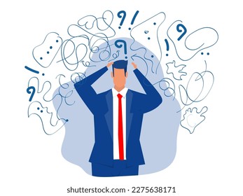 Business man suffers from obsessive thoughts; headache; unresolved issues; psychological trauma; depression Mental stress panic mind disorder illustration Flat vector illustration 