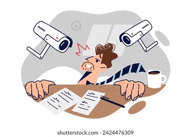 Business man suffers from persecution mania and schizophrenia, hiding under table due to surveillance cameras in office. CCTV equipment tortures clerk suffering from persecution mania