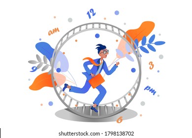 Business man in a suit with a briefcase running in a hamster wheel as rat race. Concept of busy business people.
