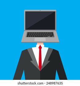 A business man in a suit with a computer instead of his head. Reference to android/super mind. Human computer, robot, genius person.