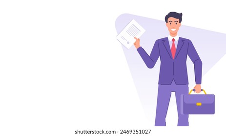 Business man in suit with contract deal blank banner design template vector flat illustration. Cartoon businessman character with briefcase and paper agreement formal corporate partnership document