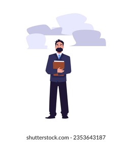 Business man in a suit with documents stands under the clouds. Business mistake causing failure, risk management. Unprotected in the looming financial crisis, storm. Vector flat isolated illustration