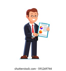 Business man in suit and glasses showing statistical data & economic report on a clipboard. Full-length portrait of office worker. Flat style modern vector illustration isolated on white background.