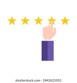 Business man suit hand forefinger pointing on golden stars rating quality symbol vector flat illustration. Product evaluation customer review positive feedback rank service satisfaction grade isolated