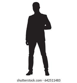 Business man in suit with his legs crooked, front view vector silhouette