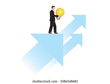 Business man in a suit holding a  light bulb on top of a blue arrow. Concept of innovative entrepreneur moving foward. Vector illustration.