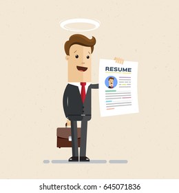 Business man in the suit holding resume for job hiring. Man with  halo over  his head, the best employee. Vector, illustration, flat. Vector, illustration, flat