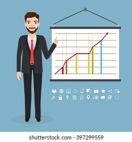 Business man in suit making presentation explaining chart on a white board. Business seminar