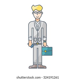 business man in suit with phone and briefcase. line modern vector illustration flat style