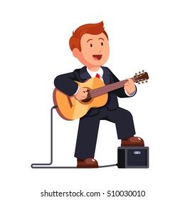 Business man in a suit playing music and singing a song, standing one leg on a combo guitar amplifier. Flat style vector illustration isolated on white background.