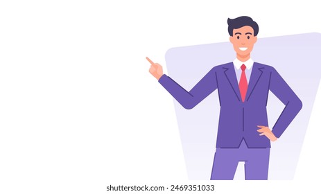 Business man in suit pointing forefinger banner copy space design template vector flat illustration. Smiling cartoon businessman character pointer finger showing recommend gesture advertising