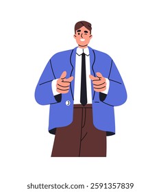 Business man in suit points at you and winks. Happy boss, HR chooses, indicates on choice. Person hand gestures, shows forward with index finger. Flat isolated vector illustration on white background