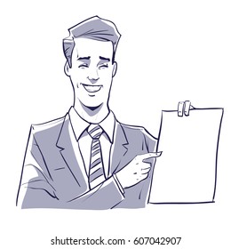 business man in suit presenting something, hand drawn style, cartoon vector illustration.