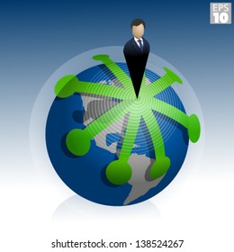 Business man in suit or presidential ruler, standing on world with multiple paths of expansion around the globe