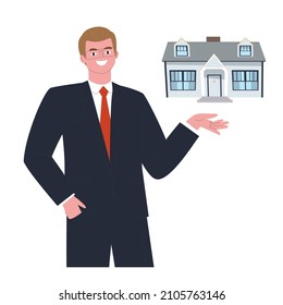 Business man in a suit. The realtor shows the house. Business real estate. Flat vector illustration