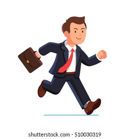 Business man in suit and red tie running fast holding briefcase. Flat style vector illustration isolated on white background.