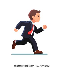 Business man in suit and red tie running fast. Fast run of businessman. Side view. Flat style vector illustration isolated on white background.