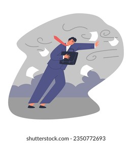 Business man in suit resists strong wind, briefcase in hand, scattered documents. Fight and don't give up in storm, risk management. Confident brave leader manager vector flat isolated illustration