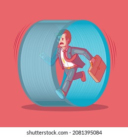 Business Man in a suit running on a hamster wheel vector illustration. Work, motivation, funny design concept.