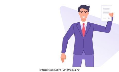 Business man in suit showing agreement contract deal document banner design template vector flat illustration. Smiling cartoon businessman legal partnership paper sheet seal signature corporate form