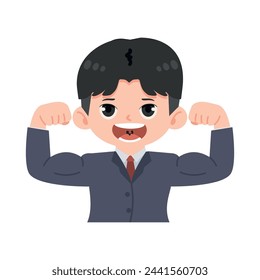 Business man in suit shows muscles cartoon