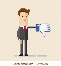 Business man in suit shows a sign Thumb Down. Dislike it icon, blue color. Vector, flat, illustration